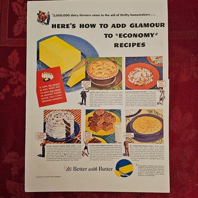 1940s Butter Advertisement  Add Glamour to Economy Recipes  Vintage Kitchen Art