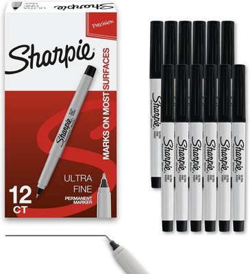 Sharpie Permanent Markers, Ultra Fine Tip, Black, 12 Count - Quick Drying, Fade 