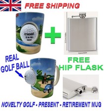 Golf Fun MUG REAL GOLF BALL Retirement Novelty Gift Grand Dad FREE HIP FLASK