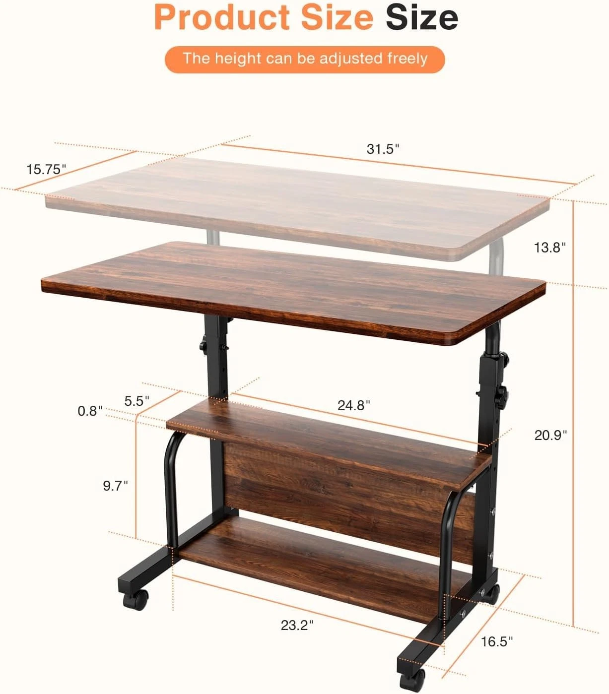 QZMDSM Portable Rolling Desk on Wheels 32 (W) X 28-35.4 (H), Rustic