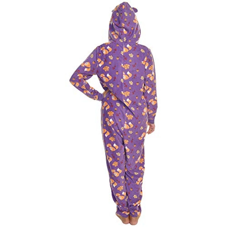 Acogedor pijama polar estampado de zorro hoja de arce 1 pieza - orejas de conejo • cremallera • divertido con capucha Foto 3 de 4