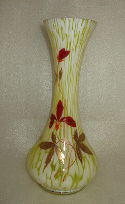 Antique   Franz Welz Bohemian Yellow Spatter Glass Vase w Hand Painted Enamels
