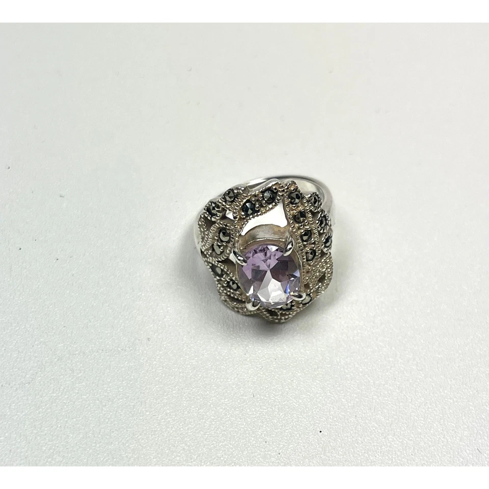 Vintage 925 Sterling Silver Amethyst & Marcasite Ring, Art Deco Style, Size 7.5 - Image 3 of 4