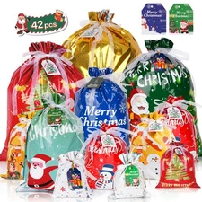 42PC Christmas Drawstring Gift Bags, Christmas Gift Bags Bulk with Tags  Ribb...