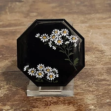 Yamanaka Lacquer Ware Japan Small Lidded Box Octagon Daisies Flowers Black Gold