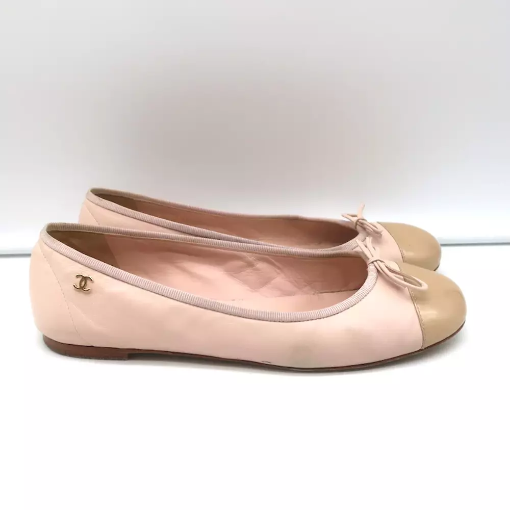 Chanel Coco Jazz Cap Toe Ballet Flats Light Pink Leather & Beige Patent  Size 37