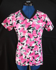 White Cross Brand Scrub Top Ribbed Sides Pink Camo Print Size XS
