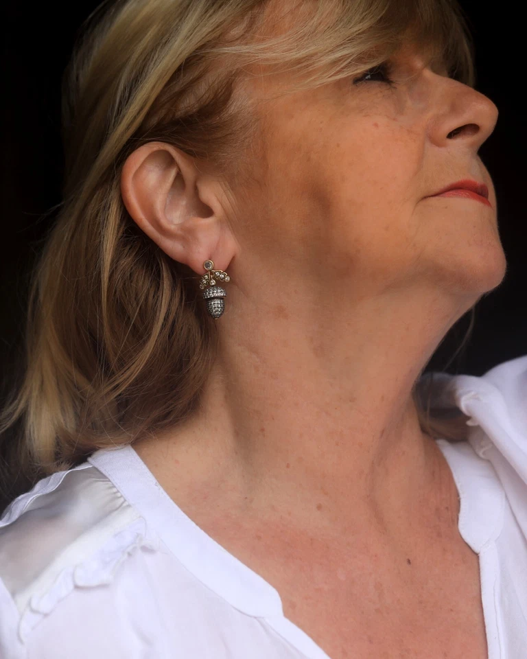 Earrings Studs Antique Gold Acorn Tassel Set with White CZ SC1 - Image 3 of 4