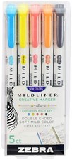Zebra Pen Mildliner Double Ended Highlighter Set Broad  Fine Point Tips, 5 Pack