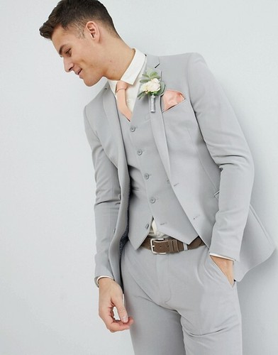 Light Gray Men Slim Fit Suit Formal 