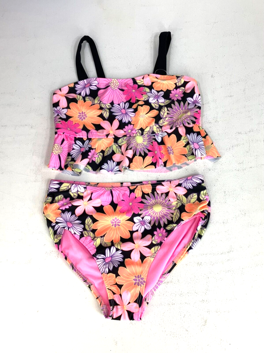 Wonder Nation Girls Medium Pink Floral Ruffle 2-Piece Tankini Swimsuit New