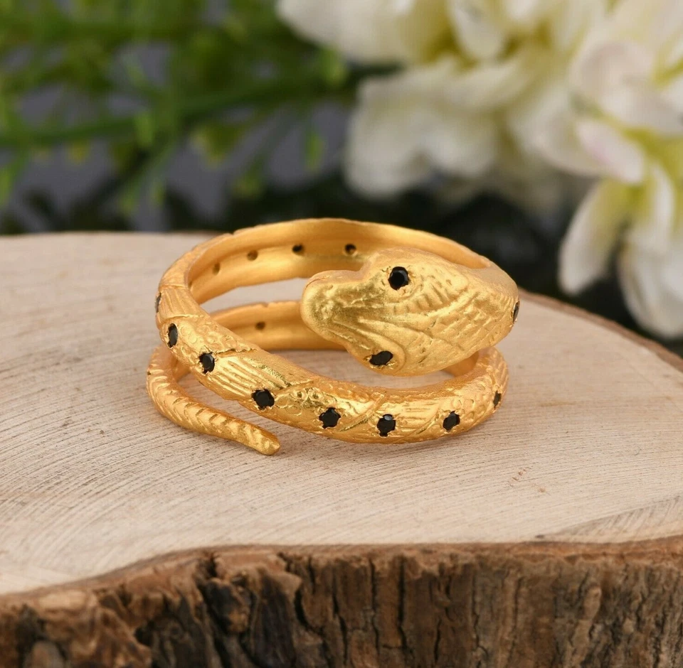 Envoltório anel de cobra com zircão preto folheado a ouro prata amante de animais joias de presente - Imagem 2 de 4