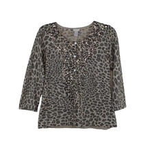 Chicos Cardigan Animal Print Knit Sequins sz 2 L 3/4 Sleeves Button Up Party