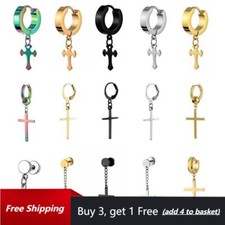 Mens Cross Dangle Earrings Huggie Hoop Ear Studs Stainless Steel Piercing Punk