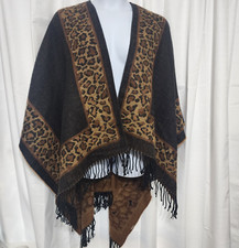 Knit Shawl Poncho Leopard Animal Print Brown Fringe Cape Wrap Soft Surroundings