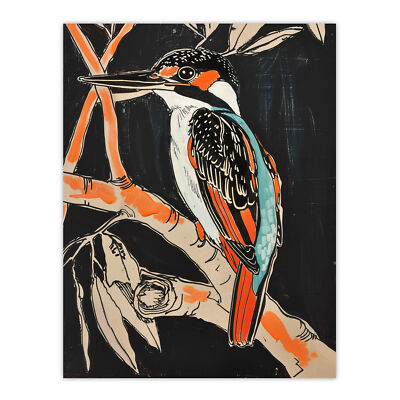 Modernist Eisvogel Vogel auf Ast schwarz orange Wandbild Poster Druck