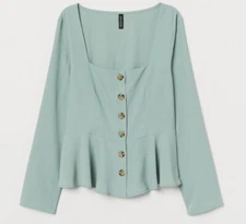 H&M Divided Sage Green Peplum Blouse Top Square Neck Button Detail UK 8 XS