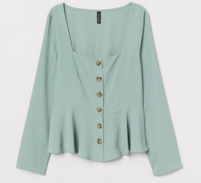 H&M Divided Sage Green Peplum Blouse Top Square Neck Button Detail UK 8 XS