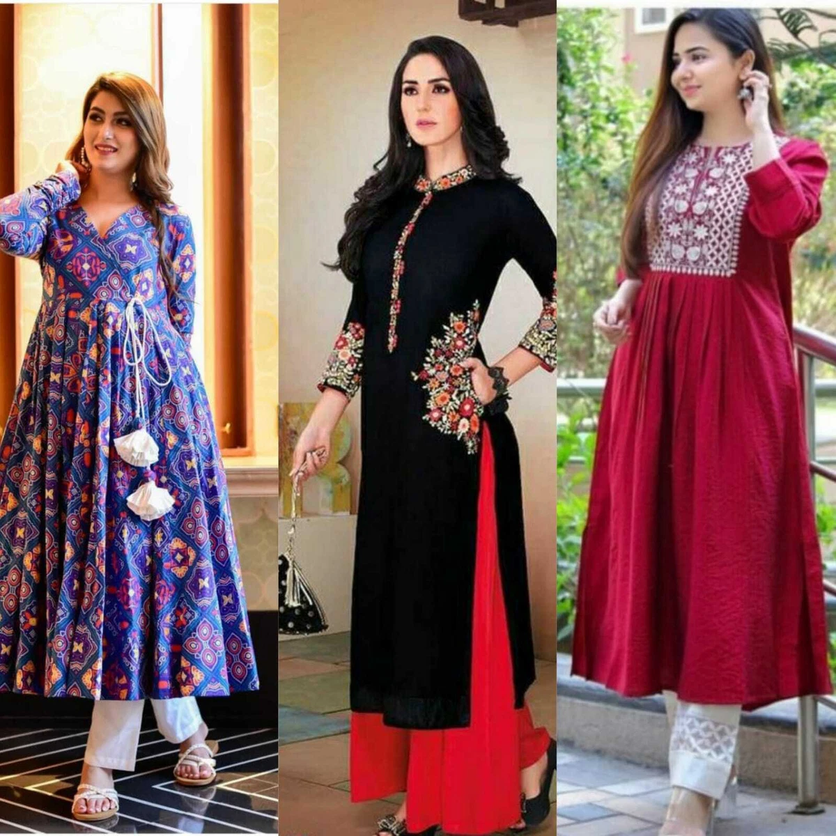 Pack Of Three Kurta Pant Printed Beautiful Bollywood Kurti with ...