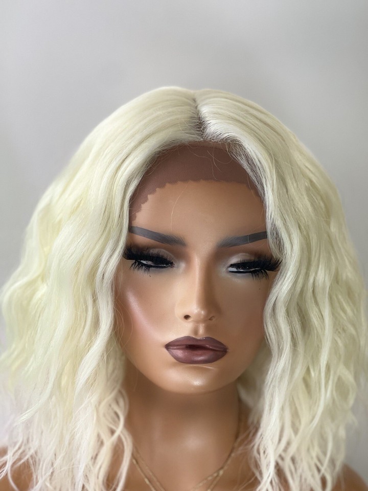 Platinum Blonde Short Bob Wavy Lace Front Human Hair Blend Wig Middle