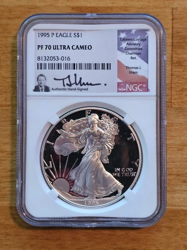 1995 P $1 Silver Eagle NGC PF 70 ULTRA CAMEO Thomas J. Uram Signed Flag Label