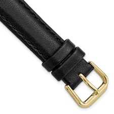 15mm 7.5" Black Smooth Leather Gold-tone Buckle Watch Band