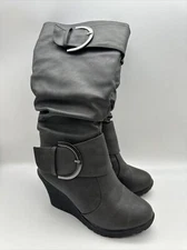Women's  Top Moda Low Wedge Mid-Calf Knee High Slouchy Boot Shoes Size 5.5 Gray