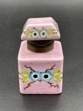 Antique Hand Painted Floral Inkwell Signed Hinged Lid Old Paris Porcelain?