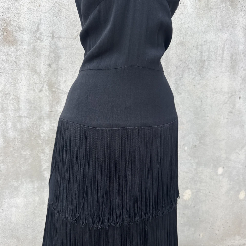 Vintage 1940s Black Crepe Dress Tiered Long Fringe Fitted Sleeveless Spider - Image 4 of 4