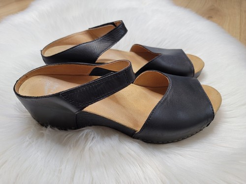 Dansko Tracy Black Leather Double Strap Peep Toe Wedge Sandals Women's Size 41 - Picture 5 of 17