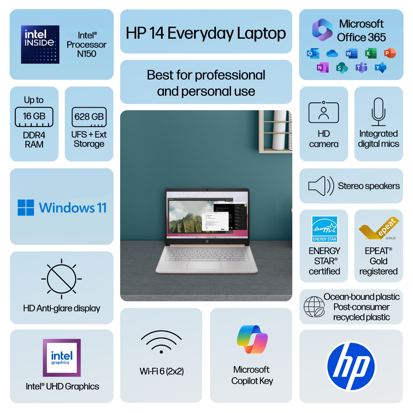 Laptop HP 2026 más reciente de 14" con procesador Intel de cuatro núcleos, hasta 16GB de RAM y 628GB de almacenamiento, imagen 2