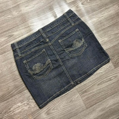 Vintage Route 66 Cute Goth Emo Grunge Pocket Embroidery Dark Blue Denim Skirt
