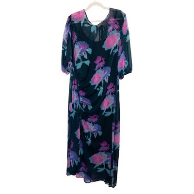 Topshop Women Midi Dress Size 14 Black Floral Chuck On Ruched Mesh Romantic Boho