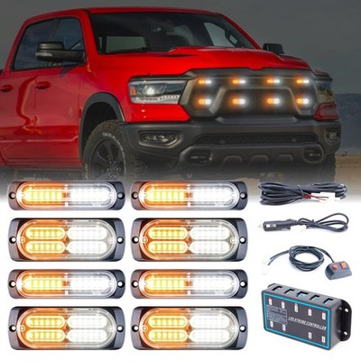8pcs Amber White LED Sync Strobe Lights Ultra Slim Surface Mount Flashing