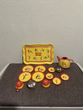 14-piece Vintage Curious George Tin Tea Set, Ohio Art Tin Litho Tea Set
