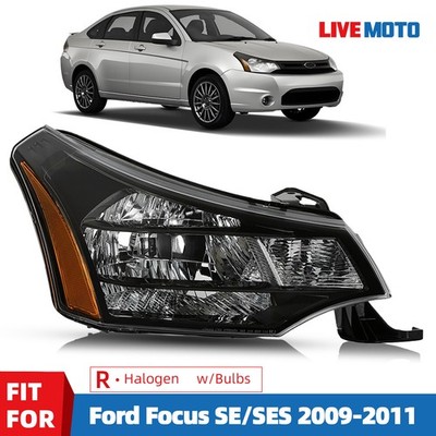 Halogen Headlight For 2009-2011 Ford Focus Black With Bulbs Right Passenger Side