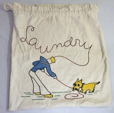 Handmade Embroidered Laundry Bag Drawstring Cloth Sack with Dog & Child Vintage