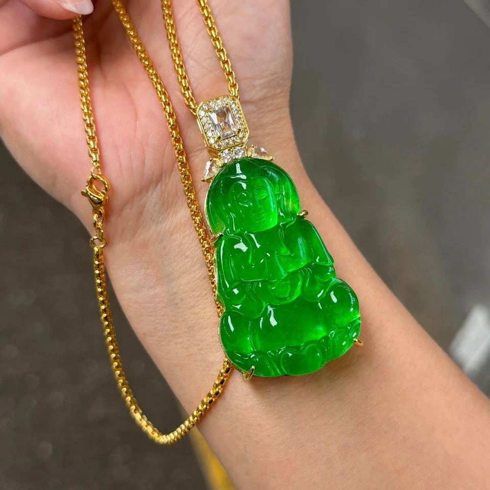 Colgante y collares amuleto guanyin jadeíta verde hielo alto natural real Foto 2 de 4