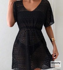 Swim Vcay Women Solid Hollow Out Drawstring Waist Cover Up Dress Summer