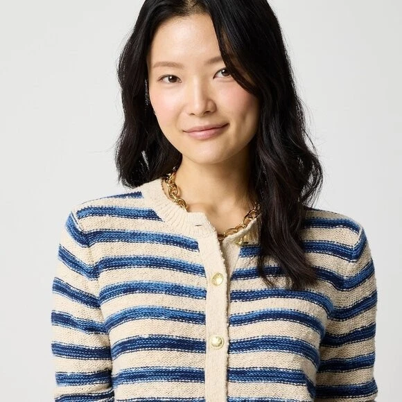 Novo com etiquetas J.Crew tamanho de fábrica XS cardigã listrado slub suéter azul botão de aveia - Imagem 3 de 4