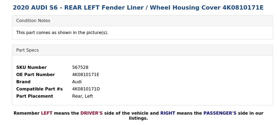 2020 奥迪 S6 - 后左挡泥板衬里/车轮外壳盖 4K0810171E — 第 4/4 张图片
