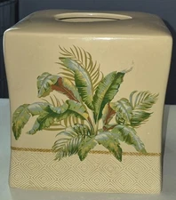 Tommy Bahama Tissue Box Cover Tropical Plant Ivory Green Gold Bathroom Decor NEW