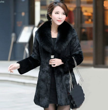 Women Fox Fur Collar Real Rabbit Fur Long Luxury Jacket Outwear Coat Winter Warm