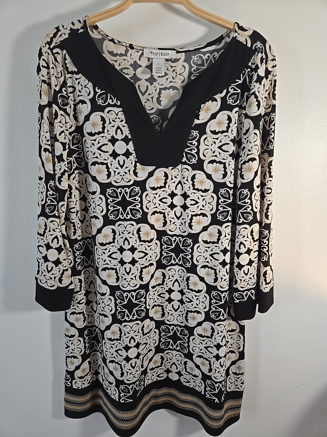 White House Black Market Liquid Knit Tunic Long Top Blouse Size L 3/4 Sleeve