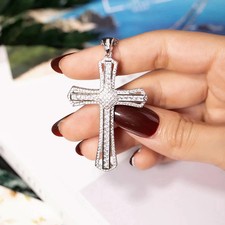 2 CT Round Cut White Moissanite Cross Pendant 14K White Gold Plated