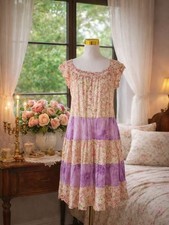 Vintage Floral Cottagecore Dress Purple Patchwork Tiered Boho Midi Dress Rare