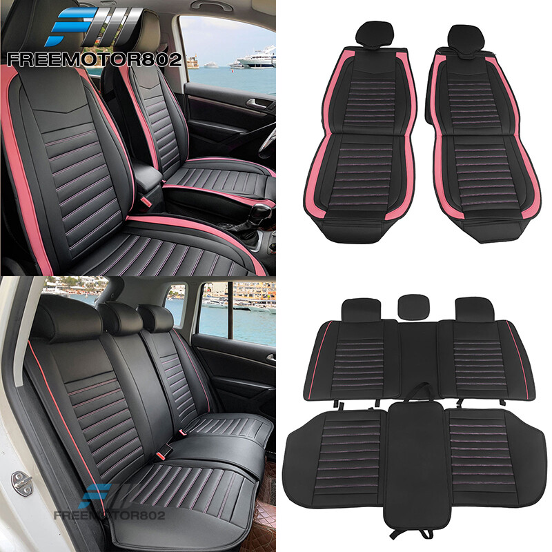 Fits Most Cars Car Seat Cover PU Leather Full Set 02 Style Black Pink  Striped