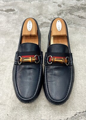 Authentic Gucci Web Bamboo Horsebit Navy Blue Leather Men Loafer
