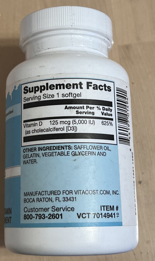 Vitacost Vitamin D3 Mini Gels 5000 IU 200 Softgels for sale online eBay