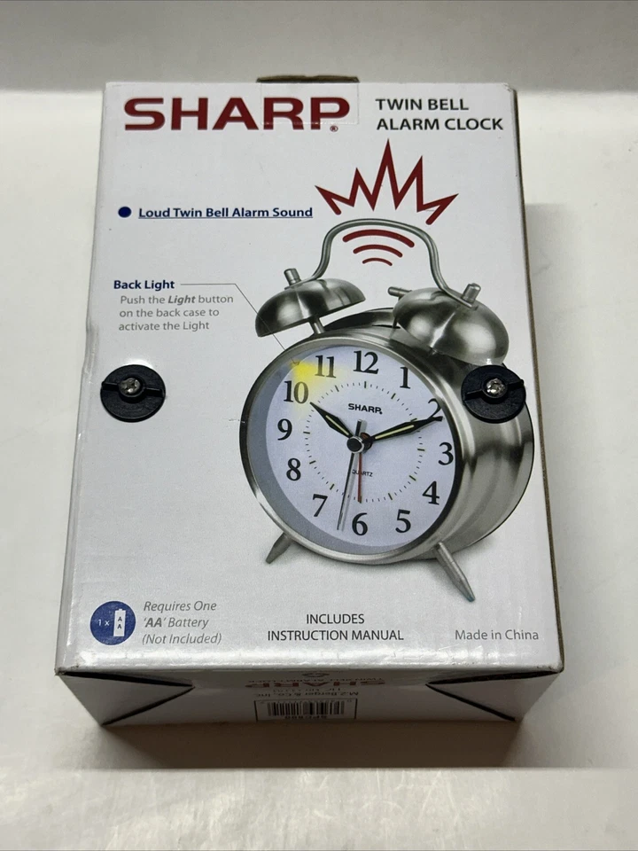 NEW SHARP Twin Bell Alarm Clock Silver Battery Operated Loud Alarm Backlight - Image 2 of 2